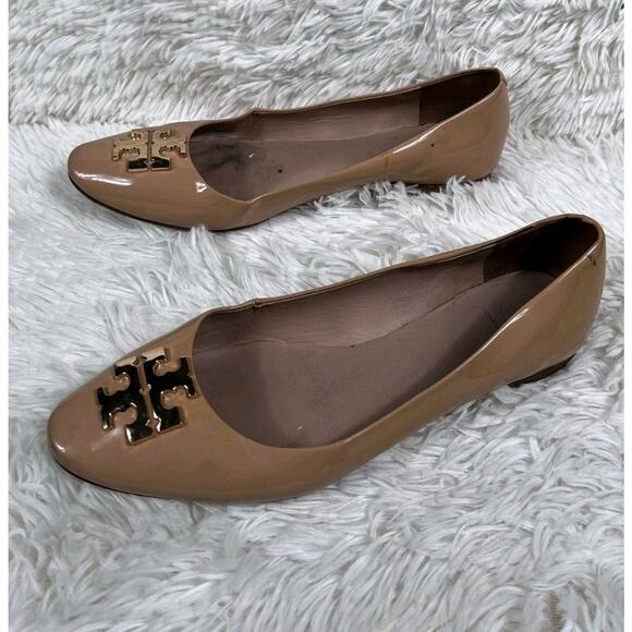 Tory Burch Raleigh Leather Ballet Flats Gold Logo Womens Size 9.5M Beige - Picture 2 of 13
